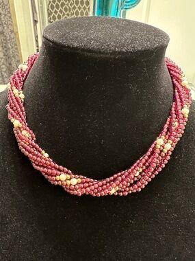 Estate 9 strand natural AMETHYST &PEARL.GOLD BEAD 17" 'twist' necklace 14k clasp